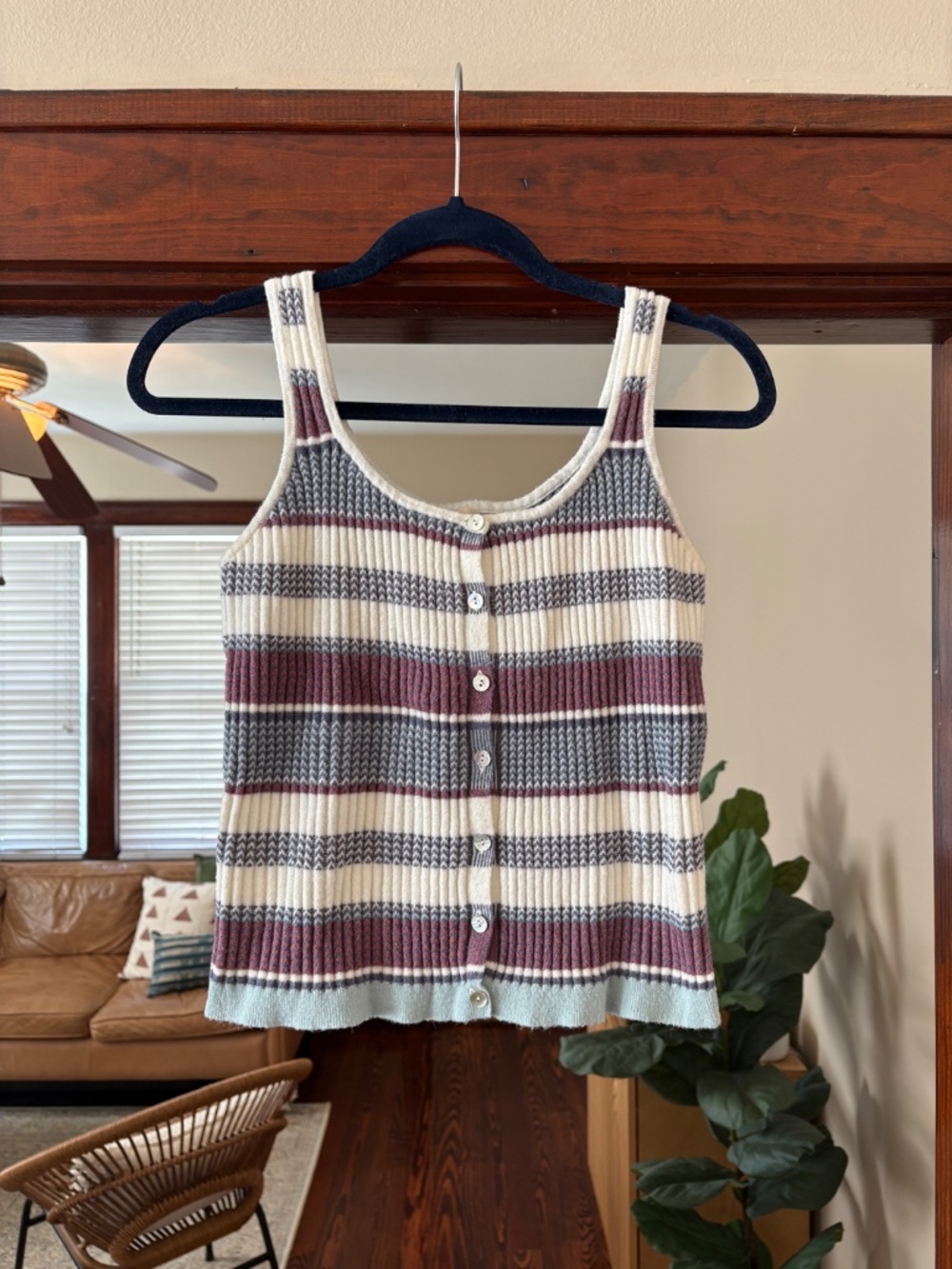 Mi Ami Striped Knit Sweater Vest | Cream Gray Burgundy | Size L